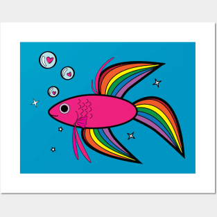 Rainbow Betta Fish with Heart-Filled Bubbles Posters and Art